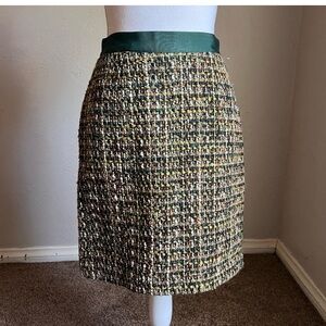 Kate Spade Boucle Pencil Skirt with Ribbon Trim 4 Green White Brown Yellow